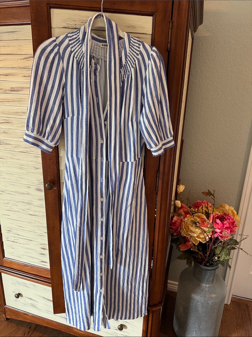 Boden Ada Double Cloth Blue & White Stripe Belted Midi Shirt Dress | Size US4 - Picture 5 of 5
